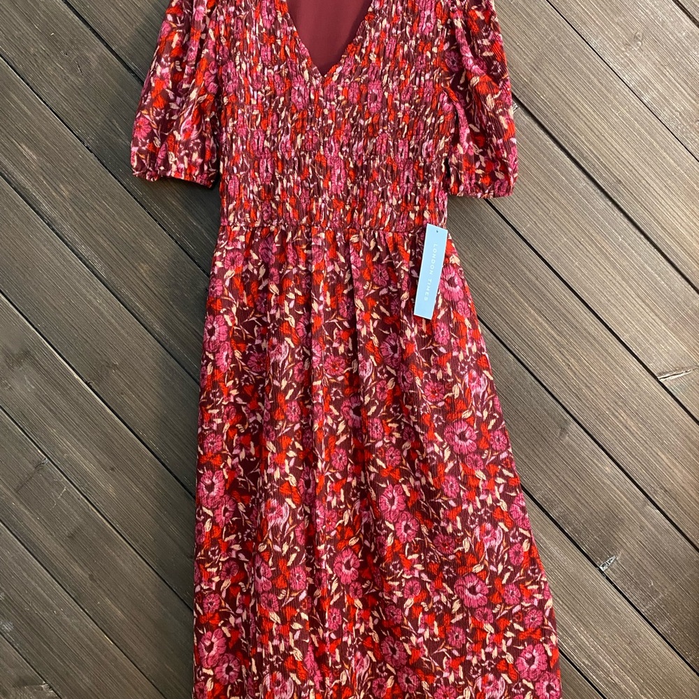 London Times smocked top dress, Medium, in Berry.